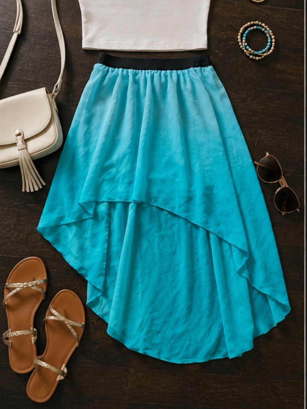 Forever 21 Turquoise High-Low Skirt with Black Waistband